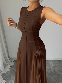 Rafferiza Women's Spring/Summer Minimalist Design Sense Stand Collar Sleeveless Pleated A-Line Dress - Brown - View 4