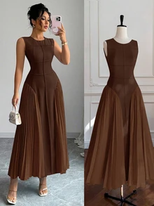 Rafferiza Women's Spring/Summer Minimalist Design Sense Stand Collar Sleeveless Pleated A-Line Dress - Brown - View 5