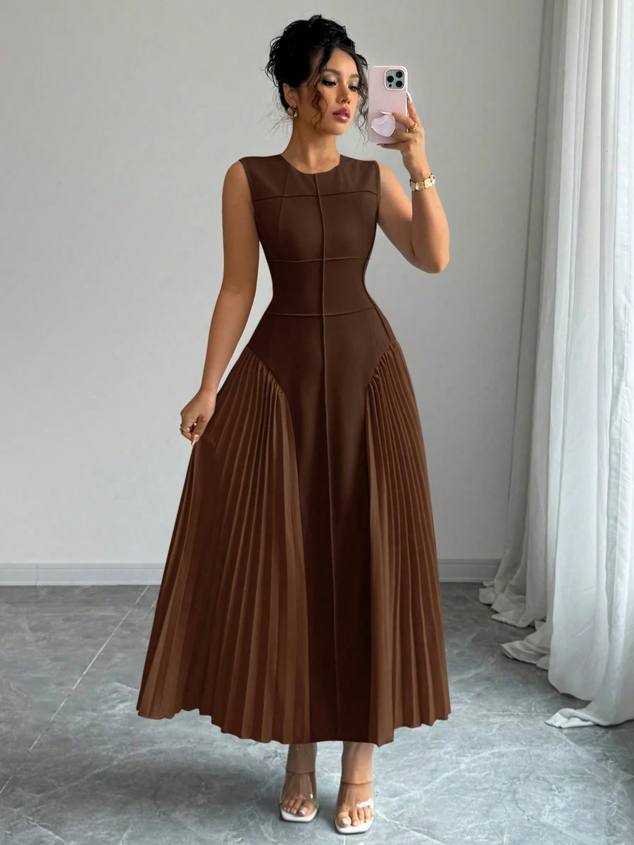 Rafferiza Women's Spring/Summer Minimalist Design Sense Stand Collar Sleeveless Pleated A-Line Dress - Brown - View 1
