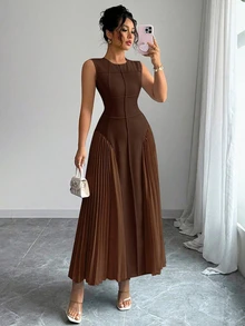 Rafferiza Women's Spring/Summer Minimalist Design Sense Stand Collar Sleeveless Pleated A-Line Dress - Brown - View 6