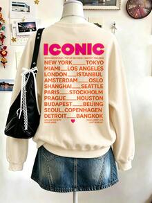 SHEIN LUNE 女款 ICONIC 世界巡演城市名稱印花圓領衛衣，正反面圖案、寬鬆落肩休閒秋季街頭風衛衣 - 杏色 - 查看 3