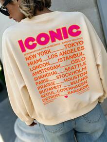 SHEIN LUNE 女款 ICONIC 世界巡演城市名稱印花圓領衛衣，正反面圖案、寬鬆落肩休閒秋季街頭風衛衣 - 杏色 - 查看 6