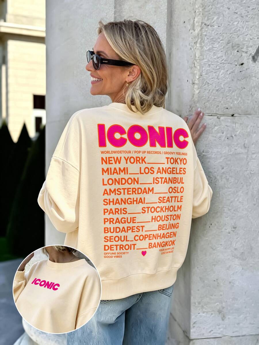 SHEIN LUNE 女款 ICONIC 世界巡演城市名稱印花圓領衛衣,正反面圖案、寬鬆落肩休閒秋季街頭風衛衣 - 杏色 - 查看 1