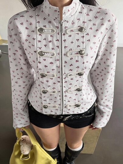 K-Vae Women's Double-Breasted Ditsy Floral Sweatshirt Jacket, Short Length, Korean Style, Gentle Casual Zip-Up Sweatshirt