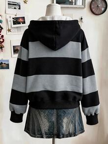 Lalippa 秋季戶外上衣 女款休閒雙拉鍊連帽衛衣 經典黑灰條紋印花圖案 日常穿著 百搭休閒夾克 - 彩色 - 查看 2