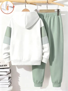 Tween Boy Casual Minimalist Long Sleeve Hooded Comfortable Sweatshirt 2pcs Set Suitable For Autumn/Winter - Multicolor - View 3