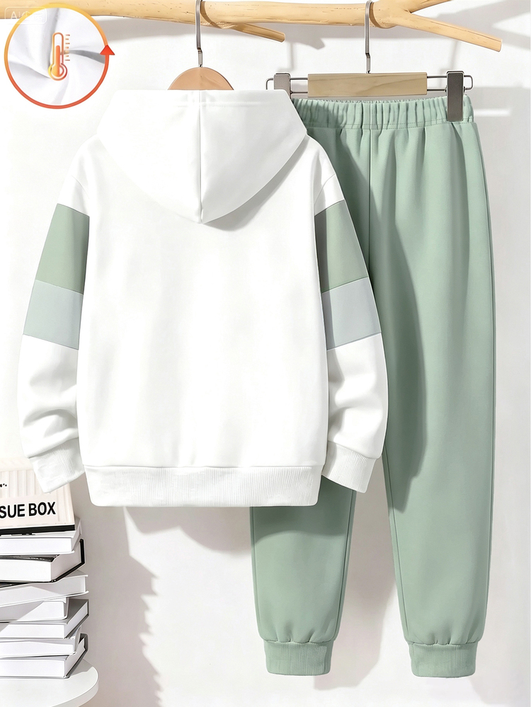Tween Boy Casual Minimalist Long Sleeve Hooded Comfortable Sweatshirt 2pcs Set Suitable For Autumn/Winter - Multicolor - View 3