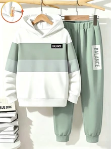 Tween Boy Casual Minimalist Long Sleeve Hooded Comfortable Sweatshirt 2pcs Set Suitable For Autumn/Winter - Multicolor - View 2