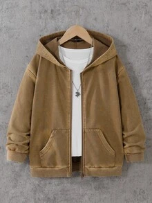 SHEIN Tween Boys Casual Solid Color Minimalist Zip-Up Sweatshirt - Mocha Brown - View 1