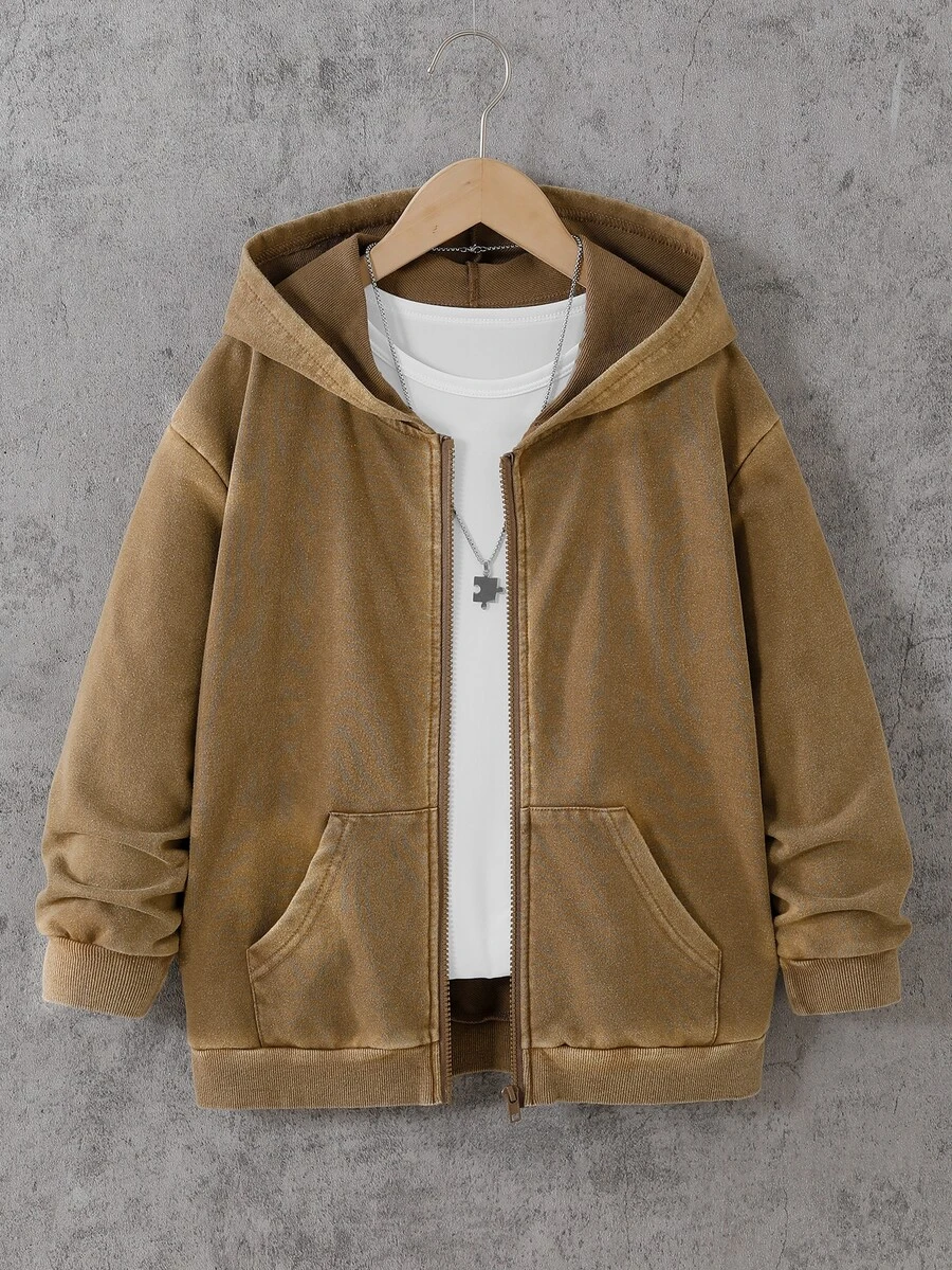 SHEIN Tween Boys Casual Solid Color Minimalist Zip-Up Sweatshirt - Mocha Brown - View 1