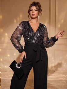 Cravure Elegant Fashionable Comfortable Random Sequin Embroidered Plus Size Women's Jumpsuit For Party - Black - View 1