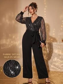 Cravure Elegant Fashionable Comfortable Random Sequin Embroidered Plus Size Women's Jumpsuit For Party - Black - View 3