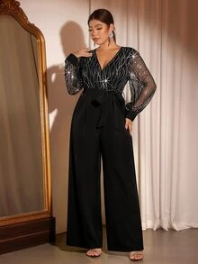 Cravure Elegant Fashionable Comfortable Random Sequin Embroidered Plus Size Women's Jumpsuit For Party - Black - View 8
