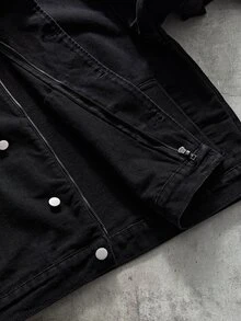 AXEPEAK Men's Minimalist Street Style Button & Zipper Long Sleeve Denim Jacket,Plain, Urban, Work - Black - View 5