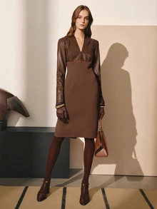 MOTF PREMIUM WOMEN'S LEATHER PATCHWORK SLIM FIT KNEE-LENGTH DRESS, AUTUMN/WINTER - Mocha Brown - View 4