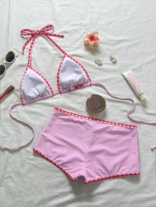 Costavie 女士沙滩套装，花卉图案，撞色滚边，时尚休闲度假性感甜美挂脖比基尼套装 - 粉色 - 查看 2