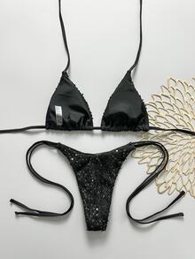 Costavie 2-Piece Set Spring/Summer Vacation Sequin Textured Fabric Halter Triangle Bikini Top And Side Tie Bikini Bottom Sexy Women's Swimwear - Black - View 2