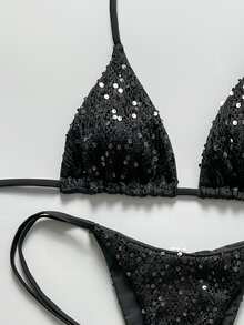 Costavie 2-Piece Set Spring/Summer Vacation Sequin Textured Fabric Halter Triangle Bikini Top And Side Tie Bikini Bottom Sexy Women's Swimwear - Black - View 3