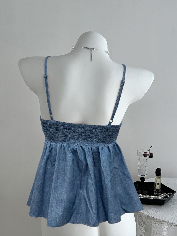 SHEIN Women's Summer Cute Solid Color Pleated Fabric Pink Camisole - Blue - View 2