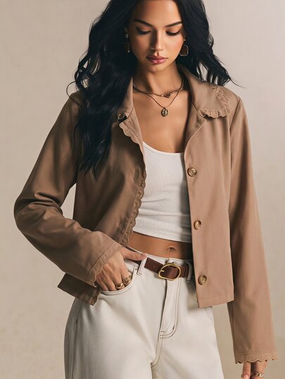 Poéselle Women's Khaki Lace Trim Cropped Jacket, Comfortable Button Front Collared Coat With Pockets, Vintage Coquette Fall Outerwear