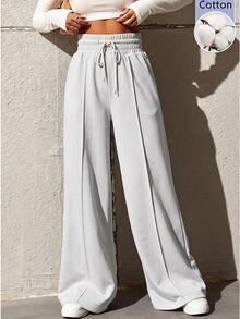 SHEIN EZwear بنطال رياضي فضفاض للنساء بخصر برباط قابل للتعديل، متعدد الاستخدامات، رمادي فاتح، مناسب للاسترخاء والتمارين الرياضية في الصيف - رمادي فاتح - مشاهدة 1