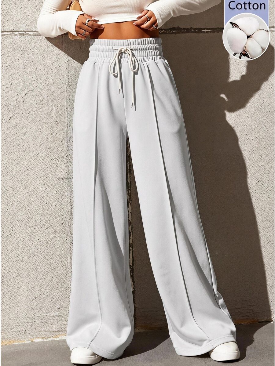 SHEIN EZwear بنطال رياضي فضفاض للنساء بخصر برباط قابل للتعديل، متعدد الاستخدامات، رمادي فاتح، مناسب للاسترخاء والتمارين الرياضية في الصيف - رمادي فاتح - مشاهدة 1