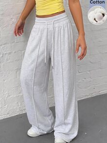 SHEIN EZwear بنطال رياضي فضفاض للنساء بخصر برباط قابل للتعديل، متعدد الاستخدامات، رمادي فاتح، مناسب للاسترخاء والتمارين الرياضية في الصيف - رمادي فاتح - مشاهدة 11