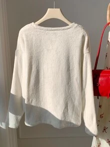 Comfortcana Plus Size Women's Bow Pattern Casual Daily Long Sleeve T-Shirt - White - View 2