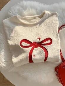 Comfortcana Plus Size Women's Bow Pattern Casual Daily Long Sleeve T-Shirt - White - View 5