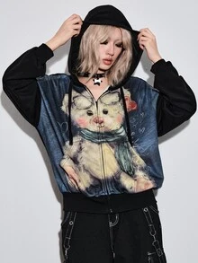 ROMWE Kawaii Sweatshirt Wanita Ukuran Besar Motif Beruang Lucu Gaya Distressed untuk Musim Gugur/Dingin - MultiWarna - View 4