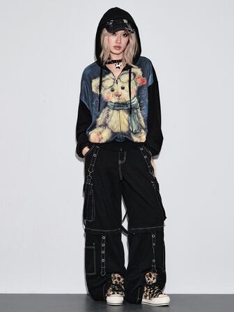 Kawaii Sudadera oversized para mujer con estampado de oso lindo y efecto desgastado, otoño/invierno