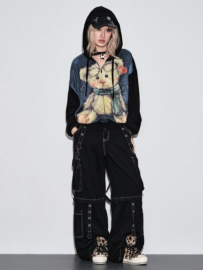 Kawaii Autumn/Winter Cute Bear Distressed Print Oversized Women's Sweatshirt