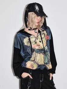 ROMWE Kawaii Sweatshirt Wanita Ukuran Besar Motif Beruang Lucu Gaya Distressed untuk Musim Gugur/Dingin - MultiWarna - View 8