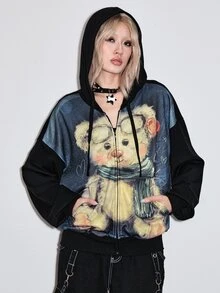 ROMWE Kawaii Sweatshirt Wanita Ukuran Besar Motif Beruang Lucu Gaya Distressed untuk Musim Gugur/Dingin - MultiWarna - View 7