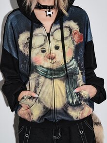 ROMWE Kawaii Sweatshirt Wanita Ukuran Besar Motif Beruang Lucu Gaya Distressed untuk Musim Gugur/Dingin - MultiWarna - View 2