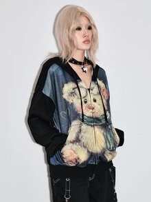 ROMWE Kawaii Sweatshirt Wanita Ukuran Besar Motif Beruang Lucu Gaya Distressed untuk Musim Gugur/Dingin - MultiWarna - View 5