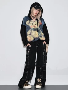 ROMWE Kawaii Sweatshirt Wanita Ukuran Besar Motif Beruang Lucu Gaya Distressed untuk Musim Gugur/Dingin - MultiWarna - View 9