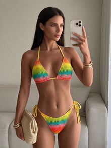 Costavie Swim Basics 两件套多巴胺花卉纹理挂脖三角文胸和侧系带泳裤性感比基尼泳装套装，女士春夏彩虹比基尼套装，女士泳衣套装，Zestiva 斑马纹比基尼套装，Zante 假日套装，Yummy Control 泳衣，Zoo Outfit 女士斑马纹泳衣两件套，女士尊巴舞服套装 - 彩色 - 查看 1
