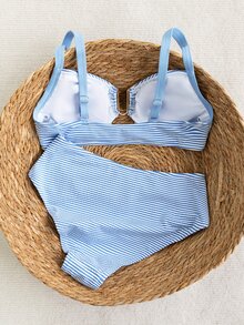 Costavie 女款藍白條紋比基尼套裝，夏季保守款海灘度假高腰泳衣，金色U型裝飾粗肩帶兩件式泳衣 - 藍白色 - 查看 4