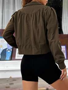 SHEIN EZwear Women Stand Collar Slim Fit Cropped Jacket In Fall/Winter - Brown - View 2