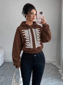 SHEIN Clasi Women's Fashion Elegant Vacation New Style Autumn/Winter Brown Thermal Lined Long Sleeve Sweatshirt, Suitable For Daily Wear, Wedding, Evening Party, Daily Commute, Graduation Party, Holiday Events, Vacation, Date, Party, Halloween, Christmas, New Year, Thanksgiving, Wedding - Coffee Brown - View 4