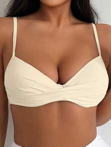 Swim Basics Women's Solid Color Ruched Spaghetti Strap Bikini Top Suitable For Summer Vacation Beach Party White Sexy - Light Yellow - View 2