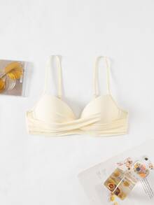 Swim Basics Women's Solid Color Ruched Spaghetti Strap Bikini Top Suitable For Summer Vacation Beach Party White Sexy - Light Yellow - View 4