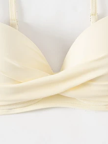 Swim Basics Women's Solid Color Ruched Spaghetti Strap Bikini Top Suitable For Summer Vacation Beach Party White Sexy - Light Yellow - View 7