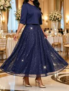 Fleurora Plus Size Vacation Sequin Pleated Dress And Jacket 2 Pieces Set Autumn Outfits For Women Dark Blue Fall Sets - Navy Blue - View 3