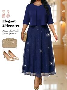 Fleurora Plus Size Vacation Sequin Pleated Dress And Jacket 2 Pieces Set Autumn Outfits For Women Dark Blue Fall Sets - Navy Blue - View 5