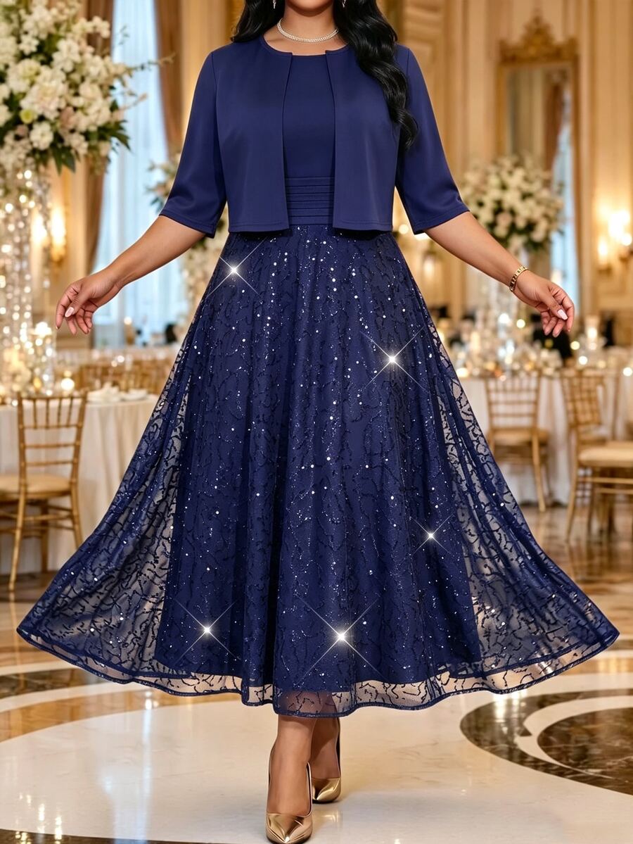 Fleurora Gaun dan Jaket Lipit Berpayet Ukuran Plus untuk Pernikahan, Set 2 Potongan, Busana Musim Gugur untuk Wanita, Warna Biru Tua, Set Musim Gugur Formal, Pesta Makan Malam, Kasual, Elegan. - Navy Blue - View 1