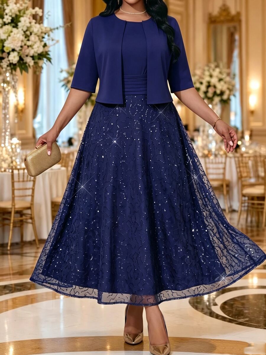 Fleurora Plus Size Vacation Sequin Pleated Dress And Jacket 2 Pieces Set Autumn Outfits For Women Dark Blue Fall Sets - Navy Blue - View 1