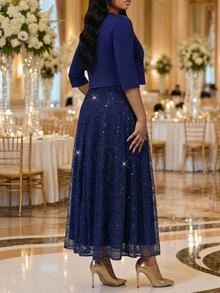 Fleurora Plus Size Vacation Sequin Pleated Dress And Jacket 2 Pieces Set Autumn Outfits For Women Dark Blue Fall Sets - Navy Blue - View 2