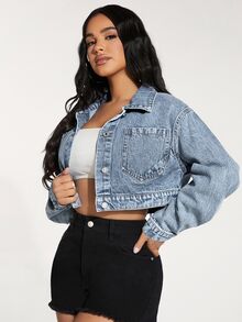 Selenza Petite 女款藍色短版落肩長袖休閒牛仔夾克，百搭時尚，適合小個女款 - 藍色 - 查看 4